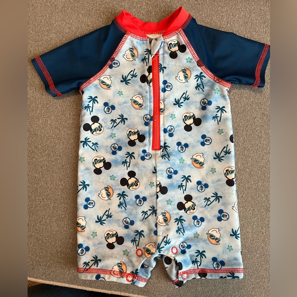 Disney Mickey Mouse & Donald Duck Baby One-Piece Rash Guard Swim Suit, Size 3-6M